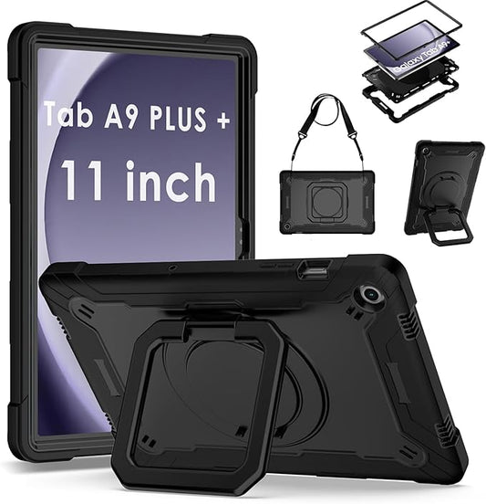 DETUOSI Galaxy Tab A9 Plus Case - Shockproof with 360 Stand &amp Strap Heavy Duty for SM-X210/X216/X218 Black