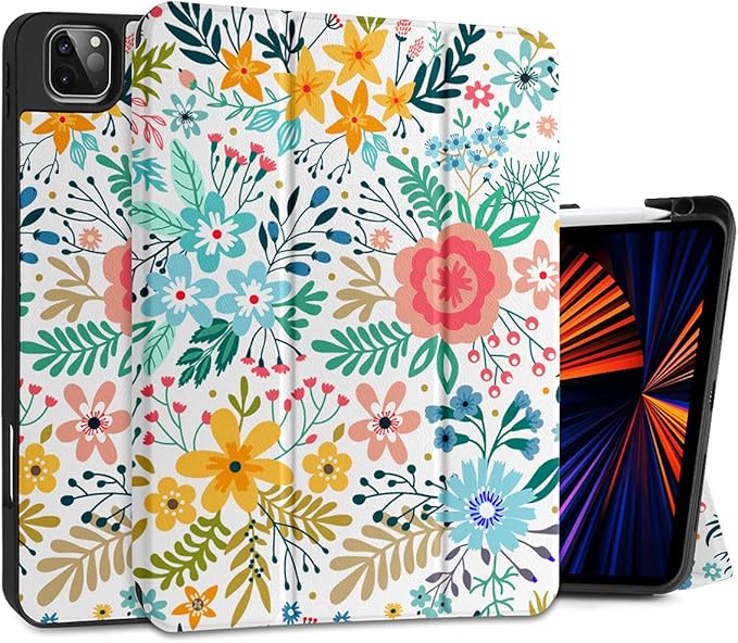 DONGKE Case for iPad Pro 11 inch (4th 3rd 2nd &amp 1st Gen) 2022 2021 2020 2018 Trifold Stand + Pencil Holder + Auto Wake/Sleep + Soft TPU Protective Stand Back Cover Flower