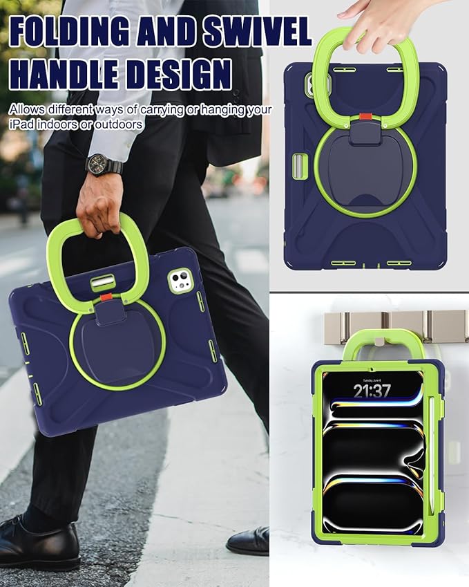 BRAECN for iPad Pro 11 Inch Case (M5/M4) 2025/2024 Shockproof Silicone Cover with Built-in Screen Protector Multiple Adjustable Viewing Angles Shoulder Strap Handle Grip Pencil Holder Navy Green