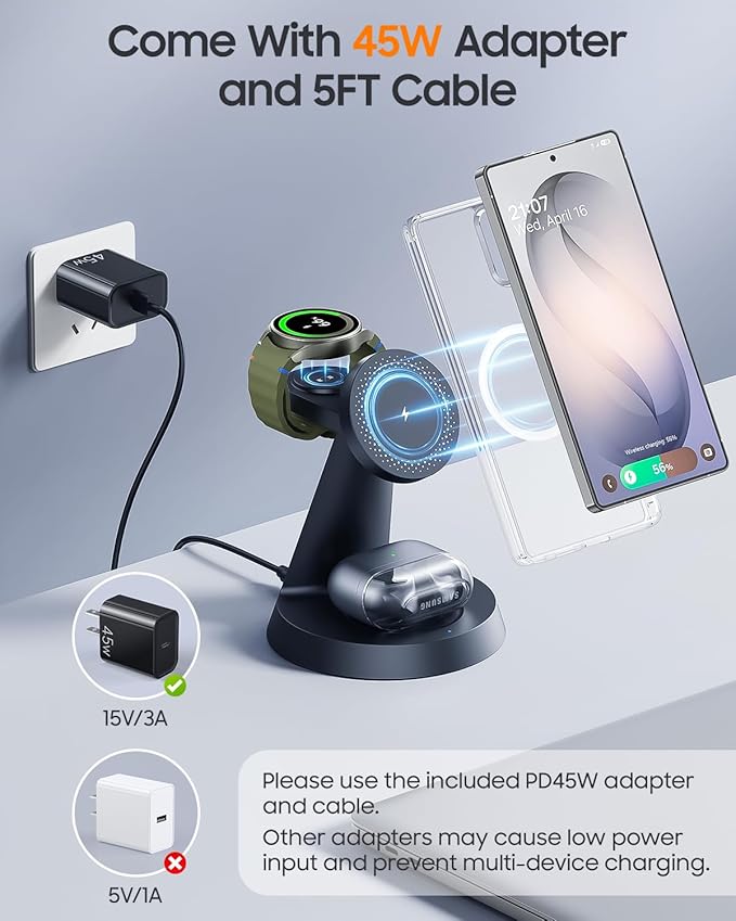 25W Magnetic Wireless Charger for Samsung Galaxy S26 Ultra &amp 45W Adapter 3 in 1 Charging Station Design for MagSafe Samsung Charger for S25/Z Fold7 Charger Stand for Galaxy Watch Ultra 8 for Bu