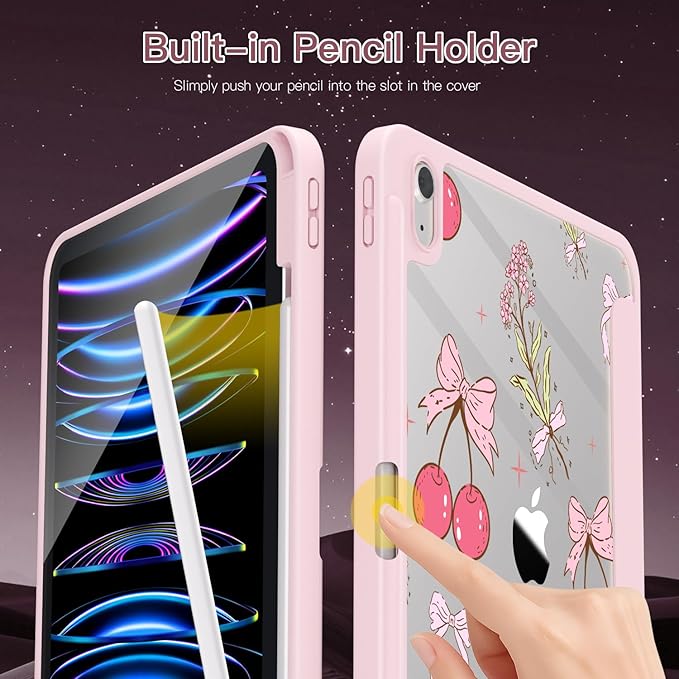 Teryeefi Case for iPad (A16) 11th Generation 11 inch (2025) &amp iPad 10th Generation 10.9 inch (2022) with Pencil Holder-[Auto Wake/Sleep] Premium Stand Case with Clear Back Cover Pink Cherry