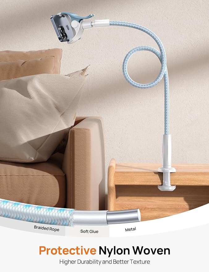 Aomiker Gooseneck Phone Holder for Bed - [Upgrade Nylon Braid] 38” Flexible Lazy Arm Clip 360 Adjustable Overhead Phone Mount for iPhone 16 15 14 13 12 11 Pro Max Mini Plus 4-7 Cellphone - White