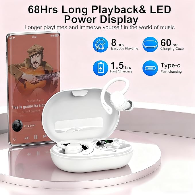 sprtoybat Wireless Earbuds 2026 New Bluetooth 5.4 Headphones Sport Earphones with 68Hrs Playtime LED Display ENC Noise Cancelling Mic IPX7 Waterproof Over Ear Ear Buds with Hook for Sports/Running