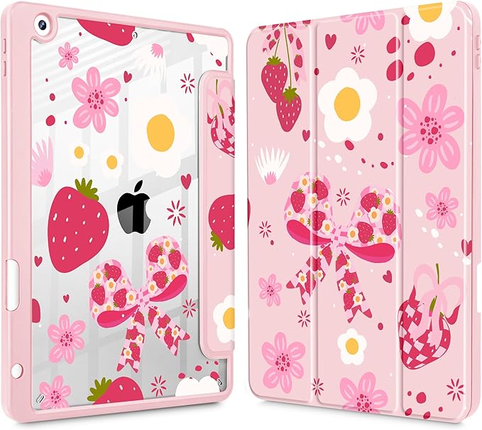 for iPad 9th Generation with Pencil Holder iPad 8th/7th Gen Case 10.2-inch [Built in Pencil Holder] Trifold Stand Auto Wake/Sleep Clear TPU Protection Back Cover Strawberry Bow