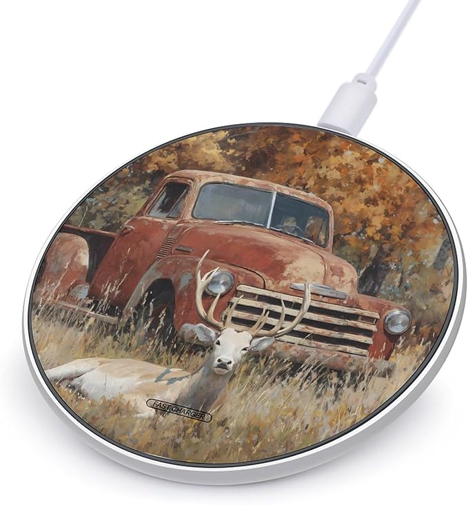 Old Truck Deers Autumn Forests Fast Portable Charger 10W Funny Graphic Phone Charging Pad with USB Cable