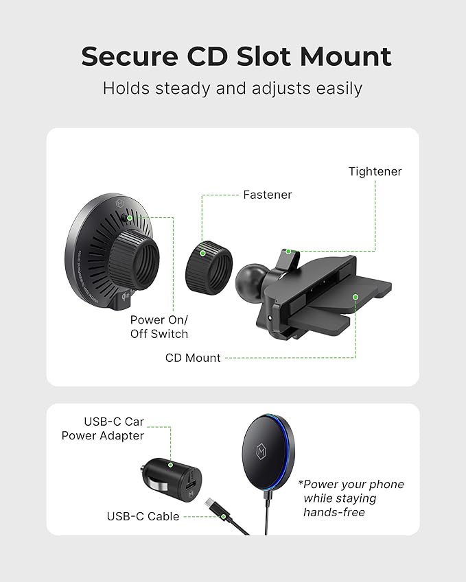 Qi2 15W Wireless Car Charger CD Mount for MagSafe - Magnetic Wireless Charger - Built in on/Off Switch for Charging - Fast Charging &amp Compatible with iPhone 17 16 15 14 13 12 Series