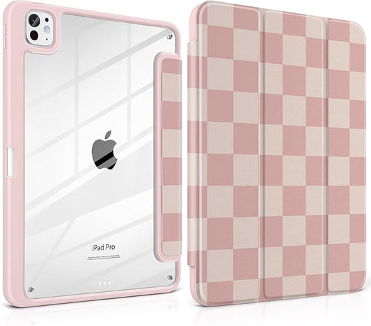 Case for iPad Pro 13 inch (M5) 2025 (M4) 2024 Release with Pencil Holder - Aesthetic Cute Preppy Design Trifold Cover with Soft TPU Bumper Clear Back Auto Sleep/Wake for Girls Women Lattice