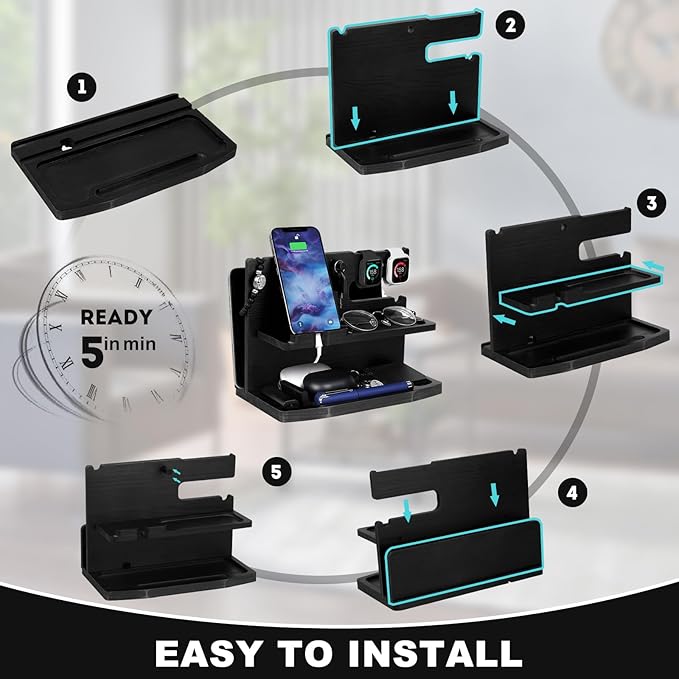 Gifts for Men Desk or Nightstand Organizer - Wood Phone Docking Station - Birthday Gifts for Husband Fathers Day for Dad - Anniversary Idea from Wife - Key Holder Stand Wallet Watch &amp Essential