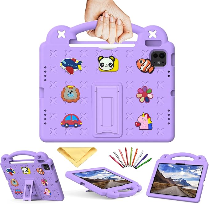 for iPad Air 11 inch Kids Case M3/M2 (2025/2024) &amp iPad Pro 11 Inch M4 Case 2024 with Pencil Holder/Handle/Kickstand Cute DIY Soft Shockproof Stand Lightweight Tablet Cover Light Purple Bear