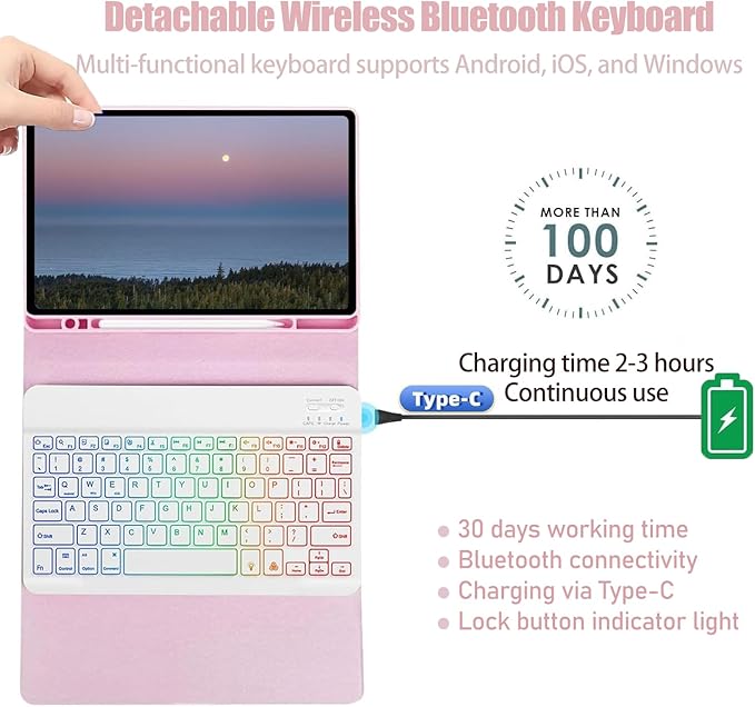 Backlit Keyboard Case for Samsung Galaxy Tab A9+/Plus 11’’ 2023(SM-X210/X216/X218)A11Plus 11 2025(SM-X310/X315/X236) 3 Color BacklitDetachable Keyboardwith S Pen Holder and Mouse