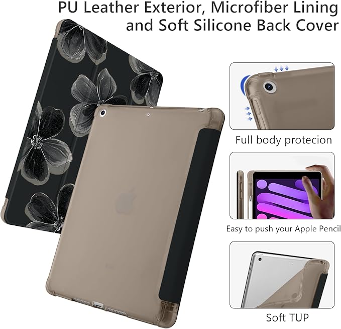 Cute Flower Floral for iPad 5th/6th Generation Case with Pencil Holder Auto Sleep/Wake Black Leather Soft TPU Back Cover for iPad 9.7 Inch
