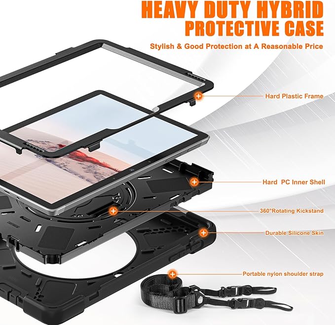 ZenRich Rugged Case for Surface Go 4 (2023)/Surface Go 3 (2021)/ Surface Go 2 (2020) Surface Go (2018) with Pen Holder Heavy Duty Shockproof Case with 360° Rotating Kickstand Hand &amp Shoulder Str