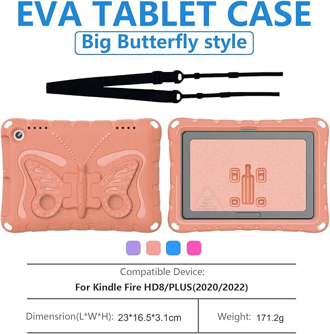 for Kindle Fire HD8 (2020/2022) Kids Girl Tablet Case Butterfly Wings Kickstand EVA Material Light Weight Shockproof Rugged Heavy Duty Kids Case for Kindle Fire HD8 Plus (2020/2022) (Pink)