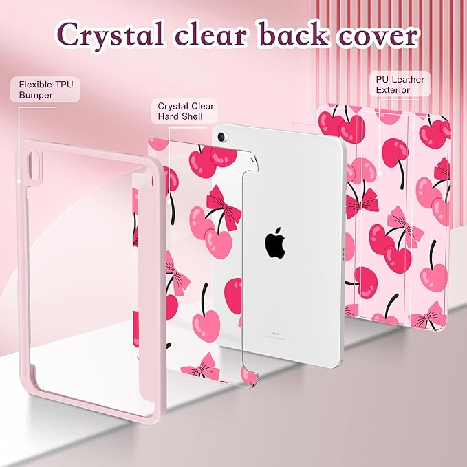 CISSOOK Case for iPad (A16) 11 inch 2025 &amp 10.9 inch iPad 10th Generation 2022 3D Pattern Slim Lightweight Protective Cover with Stand Auto Wake/Sleep Function Pink Cherry