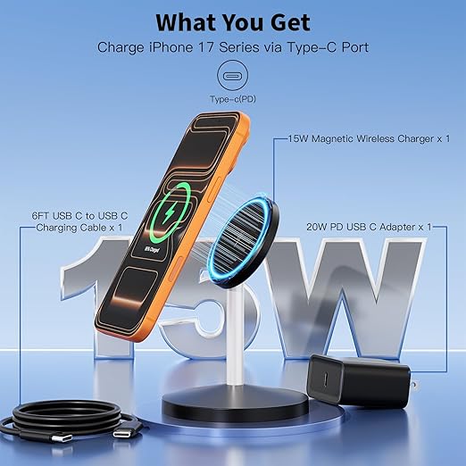 Magnetic Wireless Charger i Phone Stand 15W Fast Mag-Safe Charging Station 6FT Magnet Wireless Charging Stand with Plug Compatible with Apple iPhone 17/17 Pro/Air/17Pro Max 16/15/14/13/12AirPods Pro