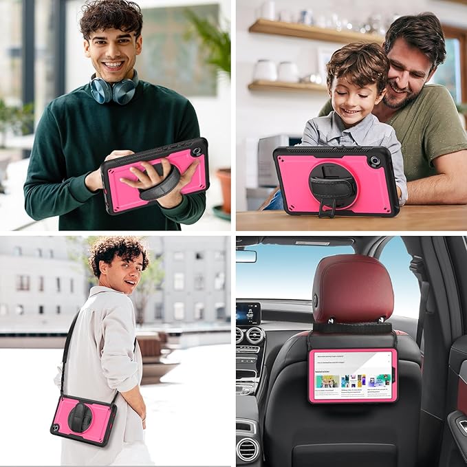 Case for Samsung Galaxy Tab A11 8.7 Inch 2026 Galaxy Tab A9 8.7 Inch 2023 Drop Protection with Screen Protector 360°Rotate Hand Strap&ampStand+Shoulder Strap Pencil Holder Rose Red