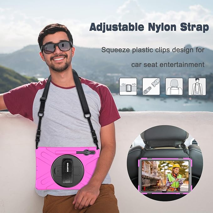 BRAECN for Samsung Galaxy Tab S10 Plus Case 2024/S9 Plus/S9 FE+/S8 Plus/S7 Plus /S7 FE 12.4 InchHeavy Duty Shockproof Case with S Pen Holder&amp360 Rotating Hand Strap/Kickstand Shoulder StrapPink