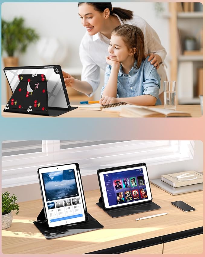 for iPad 5th/6th Generation Case for iPad Air 1st/Air 2nd/Pro 9.7 inch 2016 Case - 360 Rotating Stand Folio Smart Cover with Pencil Holder for Women Girl Cherry Bow Flowers for Apple Tablet