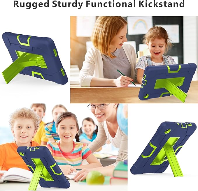 Case for for Alcatel Joy Tab 2 Tablet 8-inch 2020 Release (Model: 9032Z) - [Built-in Kickstand] Shockproof Silicone Protective Cover with Screen Protector (Navy Blue/Green/1PC)
