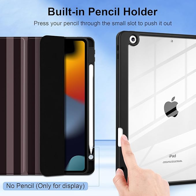 DONGKE for iPad 9th/8th/7th Generation Case 10.2 Inch (2021/2020/2019) [Auto Sleep/Wake &amp Pencil Holder] Clear Acrylic Back Trifold Stand Cover Brown Stripes