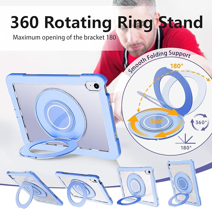 Case for iPad (A16) 11th /10th Generation 11 Inch 2025/10.9 inch 2022with Screen Protector360 Rotating Metal StandClear BackHeavy Duty Shockproof for Kids Case Blue