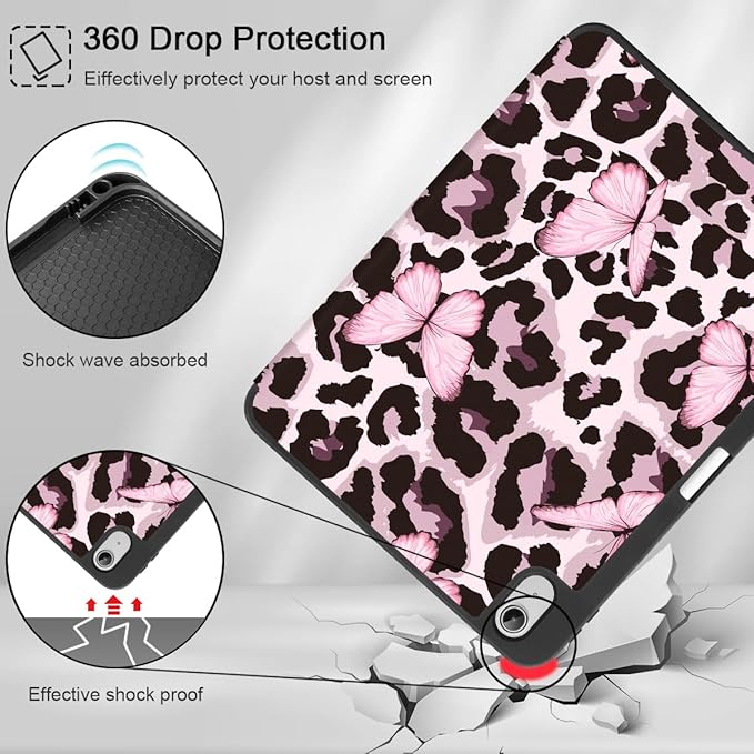 Mektron Case for iPad Air 11 inch (M4 2026 8th /M3 2025 7th /M2 2024 6th) Compatible with iPad Air 10.9 (2022 5th Gen /2020 4th Gen) Tablet Cover Buit in Pencil Holder Leopard Pink Butterfly