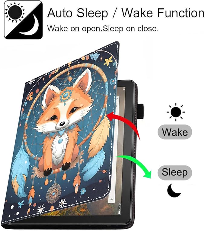Case for Amazon Kindle Fire HD 10 Tablet 10.1 (9th/7th Generation 2019/2017 Release) Slim PU Leather Stand Cover with Card Slot &amp Auto Wake/Sleep Dreamcatcher Fox
