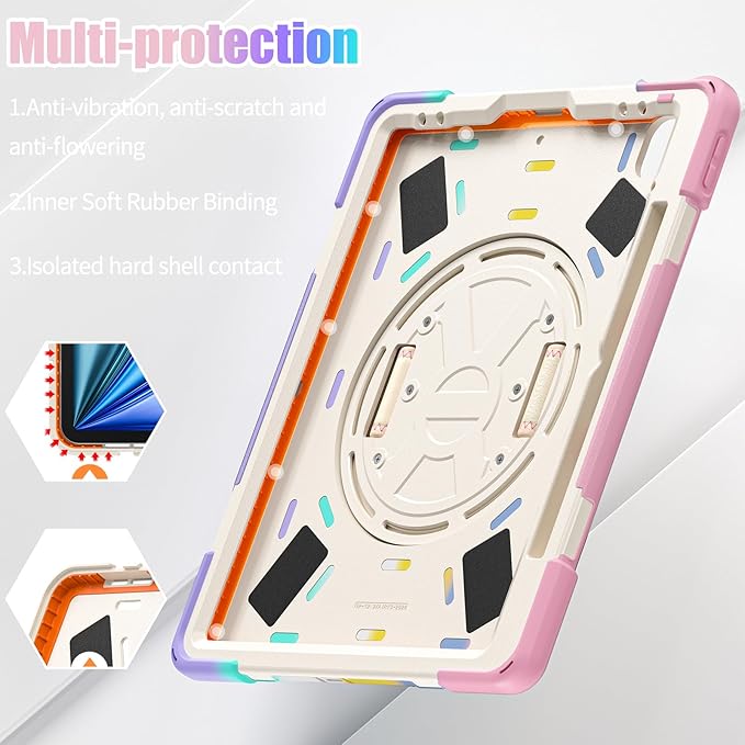 for iPad Air 13-inch M2 (2024) A2898/A2899 for iPad Pro 12.9 Rugged Case Portable Heavy Duty Shock-Proof Armor Cover with Swivel Kickstand/Hand Grip Shoulder Strap Pencil Holder (Macaron)