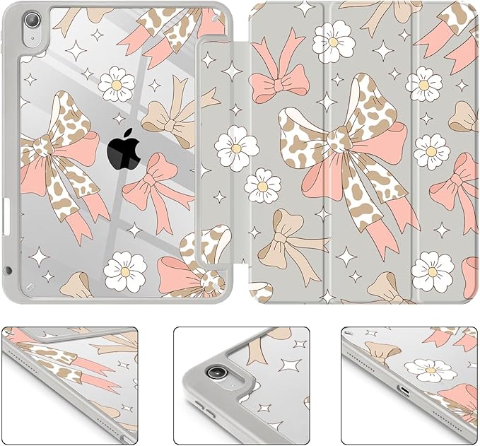 Tuiklol Case for iPad 11 inch (A16 Chip) 2025 Gen 11th / iPad 10.9 inch 2022 10th Gen Buit in Pencil Holder with Shockproof Cover Clear Transparent Back Shell Auto Wake/SleepLeopard Bow Pink