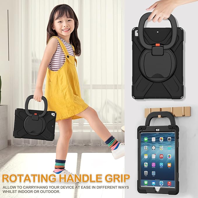 BRAECN Kids Case for 9.7” iPad 6th/5th Generation/iPad Pro 9.7 Inch/iPad Air 2 Shockproof Silicone Case with Rotatable Grip Shoulder Strap Pencil Holder Stable Kickstand for iPad 9.7 Inch-Black