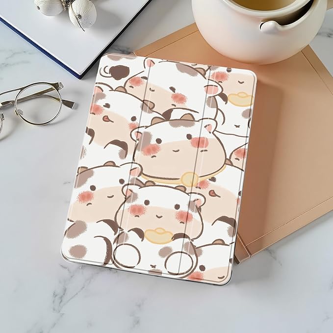 Idocolors Cute Kawaii Cow Pad Case for 10.9 Inch iPad Air 4 2020/iPad Air 5 2022 Clear TPU Trifold Stand Back Cover with Pencil Holder Auto Wake/Sleep Foldable Shockproof Protective Case
