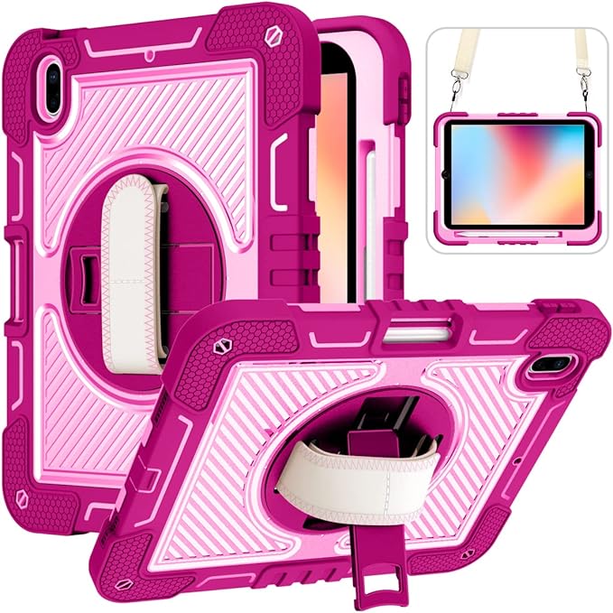 Shockproof Case for iPad (A16) 2025 11-inch iPad 10th Gen 2022 Carrying Case with Hand Strap+Pencil Holder Techcircle Heavy Duty Rotating Kickstand Rugged Protective Cover Rose+Pink