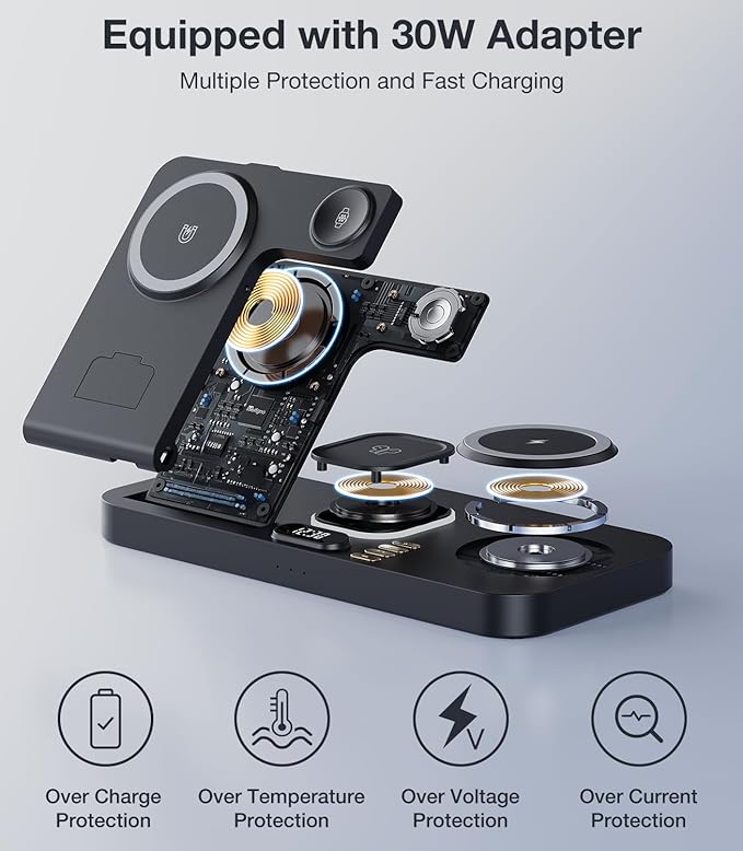 Foldable Magnetic Dual Phone Charging Station 30W Wireless Charger Stand with Clock &amp Night Light Fast Mag-Safe Charger for iPhone 17/16/15/14 Pro Max Plus Air AirPods and Apple Watch