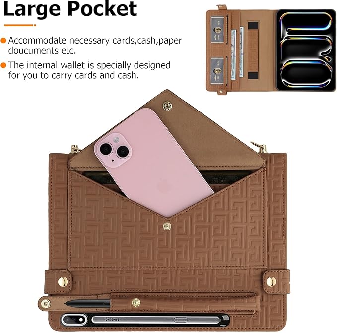 Dteck Galaxy Tab S10/S9/S8 14.6-inch Brown PU Leather Case with S Pen Holder Folio Stand Crossbody Shoulder Strap Card Pocket Magnetic Envelope
