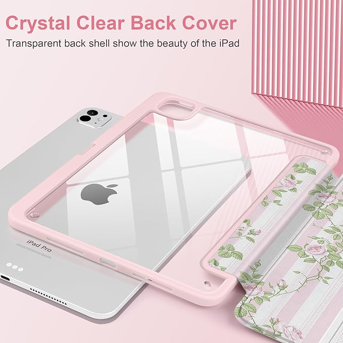 TWOLSKOO Case for iPad Pro 11-inch (M5 2025 / M4 2024) Clear Acrylic Back with TPU Bumper Pencil Holder Trifold Stand Auto Sleep/Wake Rose Vine