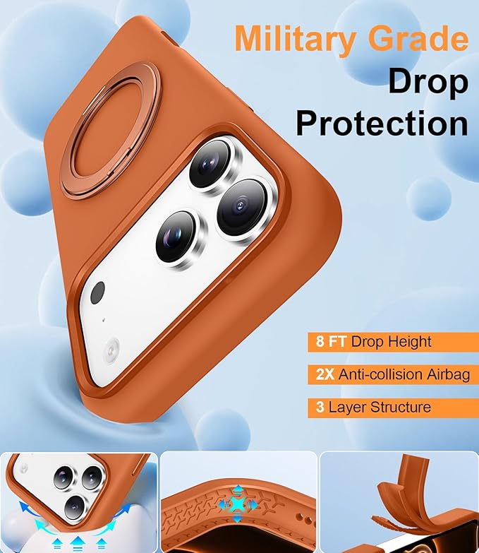 STERKER 360° Rotatable Stand Compatible with iPhone 17 Pro Case with Magnetic [Military Grade Drop Tested][Adjustable Kickstand] Ring Holder Silicone Slim Back Soft Edge Orange