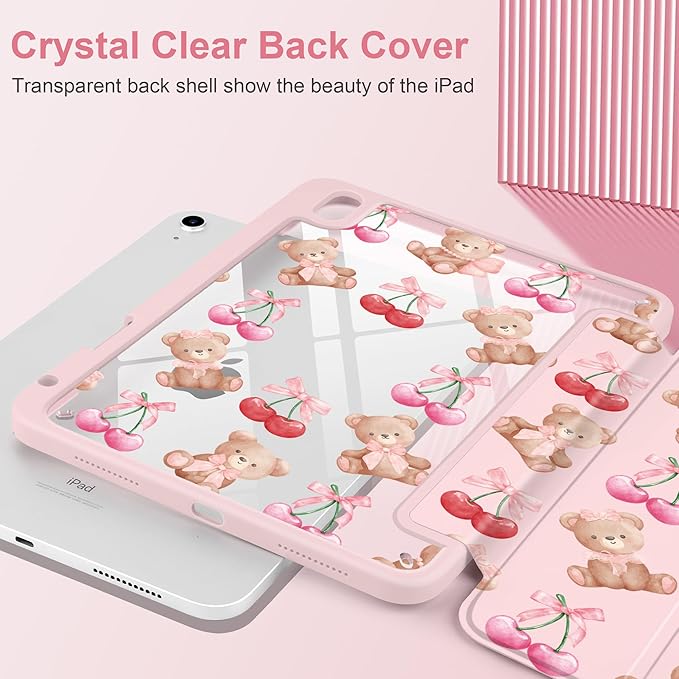 DONGKE Case for iPad (A16) 11th Generation 11 inch 2025 &amp iPad 10th Gen 10.9 inch 2022 [Built-in Pencil Holder] Clear Acrylic Back Trifold Stand Smart Cover Auto Sleep/Wake Bear &amp Cherry