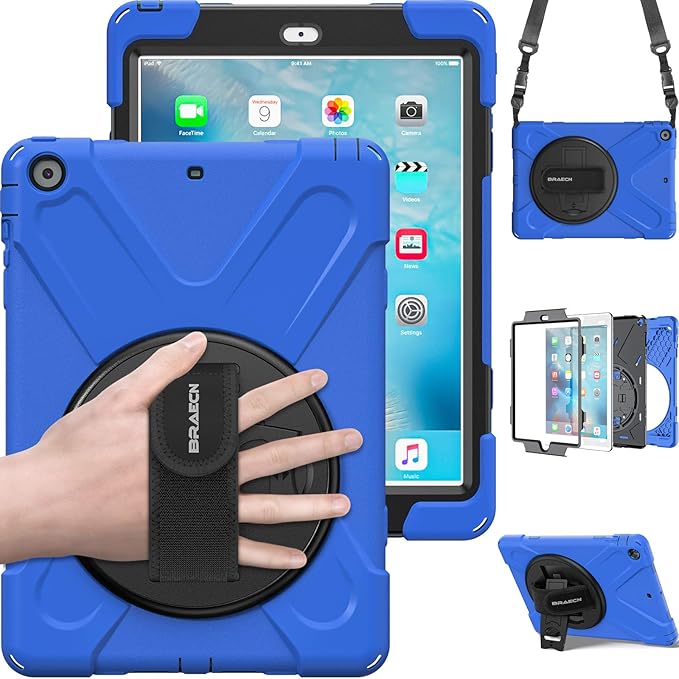 BRAECN for iPad Air Case iPad Air 9.7 Shockproof Case [Heavy Duty Full-Body Cover] with 360 Degree Swivel Kickstand/Hand Strap/Adjustable Shoulder Strap for Apple iPad Air 2013 -Blue