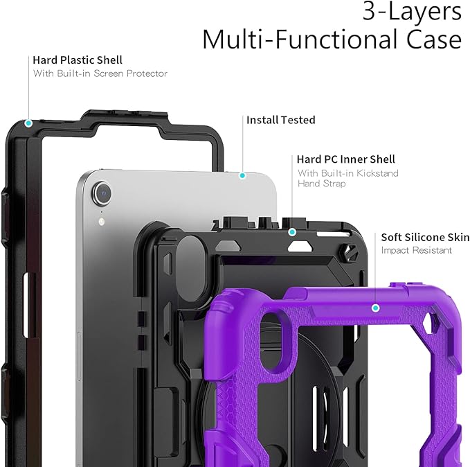 Case for iPad mini 7 (A17 Pro) 2024/ Mini 6 8.3'' with Pencil Holder Screen Protector [360 Rotating Hand Strap] &ampStand &ampShoulder Strap Shockproof Case for iPad mini 7th/6th Generation Purple