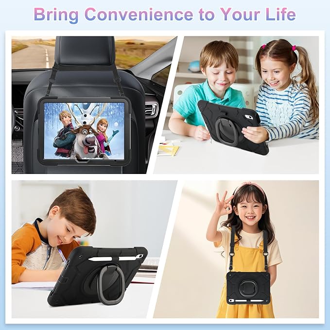 for iPad (A16) 11th Generation case 11''(2025)/10th Generation case 10.9''(2022)360°Rotatable Stand with [Pencil Holder&ampShoulder Strap] Heavy Duty Shockproof Protective Silicone Case (Black)