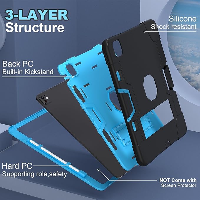 Tablet Case for iPad Pro 13 Inch M4 (2024 Model 7th Generation) with Kickstand Heavy Duty Hard PC Soft Silicone Accessories Protective Case for iPad Pro 13” A2925 A2926 A3007Black/Blue