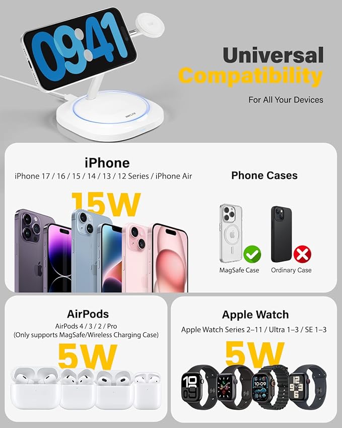 3 in 1 Magnetic Wireless Charger for Apple - Fast Charging Station Compatible with MagSafe for iPhone17-12 Apple Watch&amp AirPods Phone and Watch Charger Stand for Desktop Bedside Nightstand (Ivor