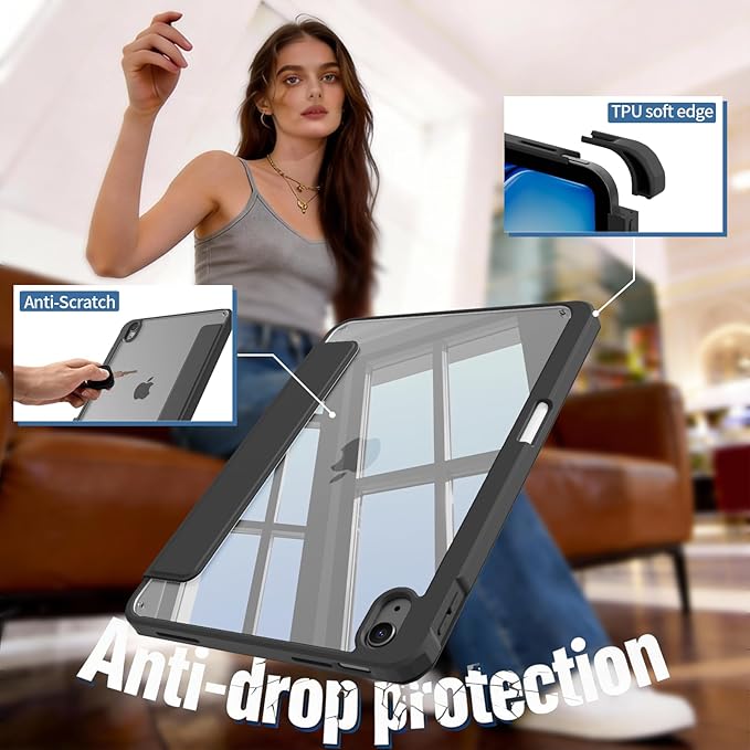 Case for iPad Air 11 Inch M4/M3/M2 2026/2025/2024 iPad Air 5th/4th Gen 10.9 Inch Case 2022/2020 with Pencil Holder Magnetic Detachable of Clear Back Cover Slim &amp Tri-Fold Cover Black