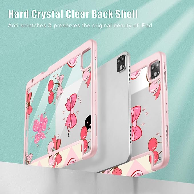 Mektron Case for iPad Pro 11 inch (4th 3rd 2nd &amp 1st Gen) 2022 2021 2020 2018 Buit in Pencil Holder with Shockproof Cover Clear Shell + Auto Wake/Sleep Cherry with Bows