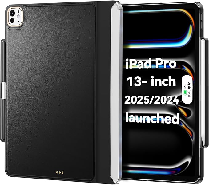 Magic-Keyboard Compatible Case for iPad Pro 13 inch M4/M5 2024/2025 Cover with Apple Pencil Holder for Smart MagicKeyboard Folio Slim Durability Durable Leather Surface Keyboard Not Included Black