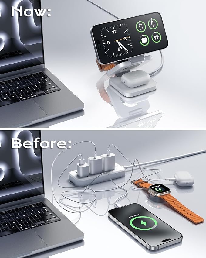 Qi2 Certified 3 in 1 Travel Charger MagSafe Compatible Upgraded Foldable Wireless Charger Stand Mag-Safe 3 in 1 Charging Station15W Fast Charging for iPhone 17/16/15/14/13/12 Apple Watch AirPods