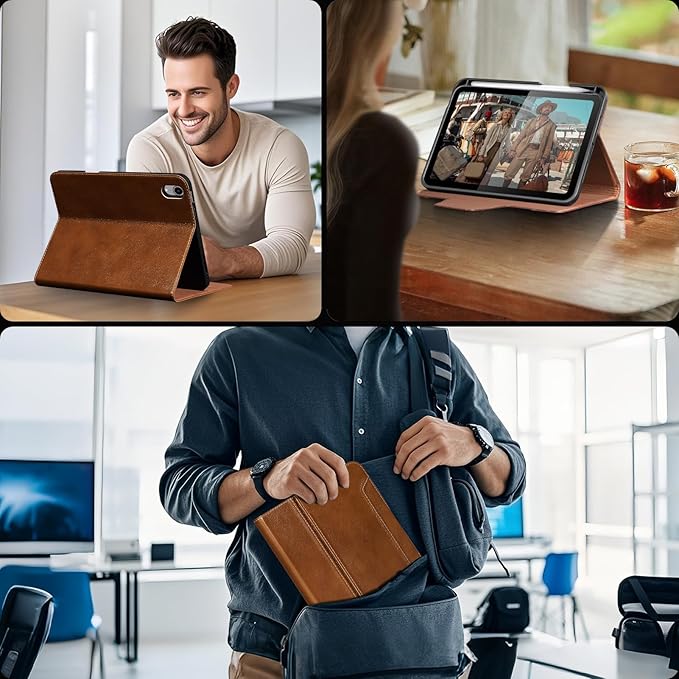 Gexmil Premium Leather Case for iPad mini 7 (A17 Pro) 2024 / iPad mini 6 Generation 2021 8.3 InchPencil Holder Magnetic ClosureShockproof Cowhide CoverAdjustable StandYellow Brown