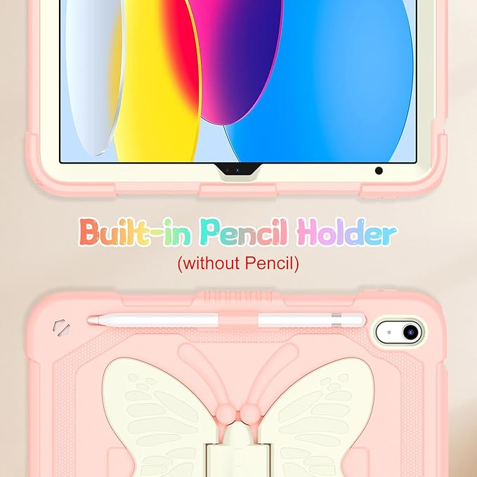 Case for iPad (A16) 11th/10th Generation 2025/2022 11/10.9 for Kids Girls with 9H Tempered Glass Screen Protector Rugged Shockproof Protective with Butterfly Stand Carrying Strap-Rose Pink