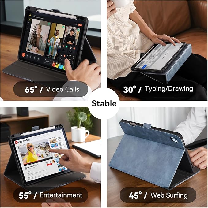 Handmade Case for iPad Pro 11 Inch (M5/M4) 2025/2024 with Pencil Holder PocketMagnetic ClosureAuto Sleep/WakeVegan Leather Folio Protective CoverMulti Angles StandLight Blue