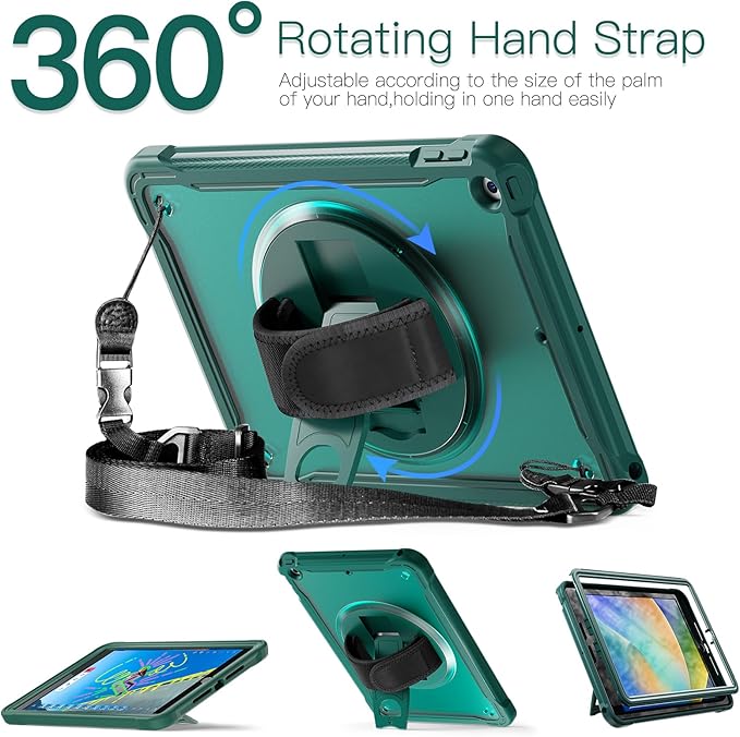 BRAECNstock for iPad 9th/ 8th/ 7th Generation Case 10.2 2021/2020/2019Shockproof Cover with 360° Rotating Hand Strap/StandScreen ProtectorCarrying Shoulder StrapPencil Holder(Midnight Green)